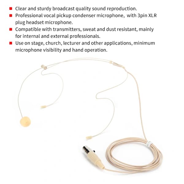 Beige 3-bens headsetmikrofon med kondensatorkapsel til bodypack-sender