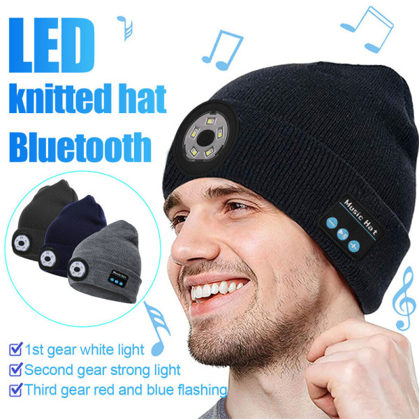 Iso-Britannia Trådlös Bluetooth LED-hatt musiikkihögtalare Light Beanie Uppladdningsbar Varm Blue