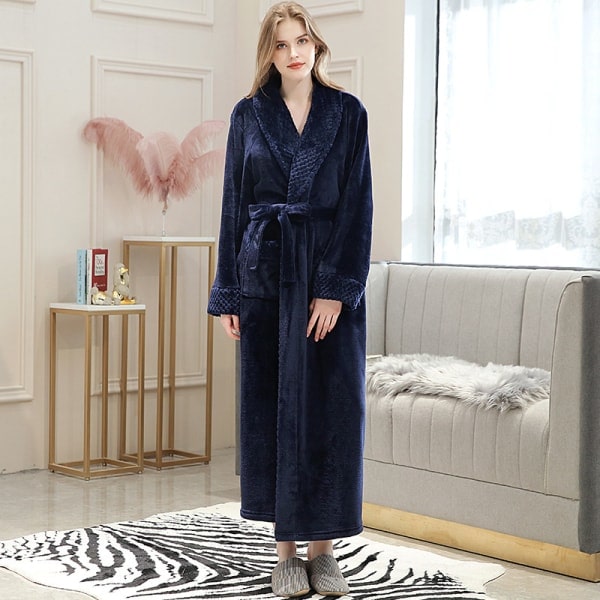 Dames Lang Morgenkåbe Dam Mikrofiber Vinter Varmt Fluffy Morgenkåbe Sauna Robe Sove Tøj Julegave - Marineblå XL