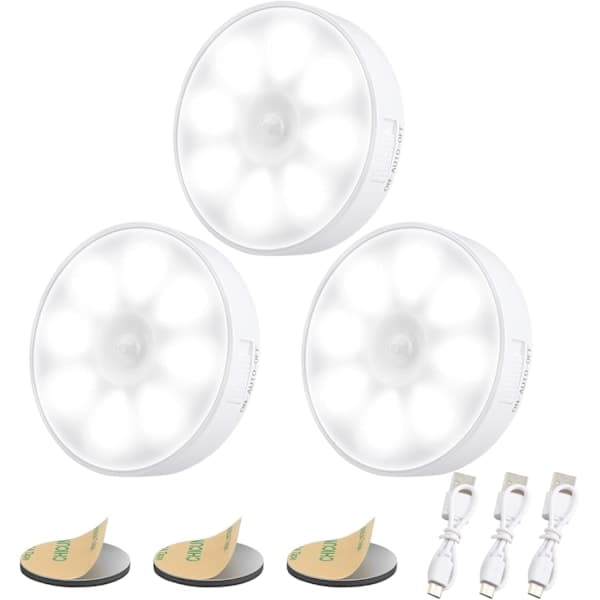 Improved Motion Sensor Light [8 LED], Electight 3 PCS Rechargeable Night Light, 3M/120° Detection Range, 3 Modes