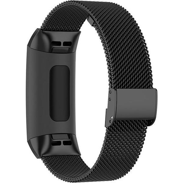 Luksuriøst Milanese loop-armbånd til Fitbit Charge 3/4 – sort rustfrit stålnet, låsbar spænde