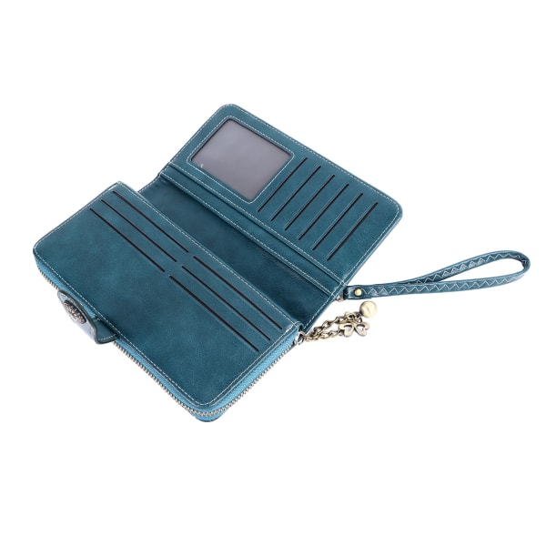 Kvinnor PU-läder Kreditkortshållare Plånbok med stor kapacitet Dragkedja Trifold-plånbok med rem Peacock Blue