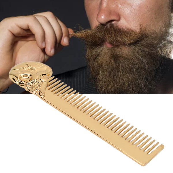 Skægkam Hjemmesalon Rustfrit stål Mænd Mustache Hårkam med kranieformet håndtag Stylingværktøj Guld