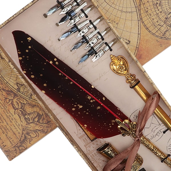 Fjerpen Sæt Udsøgt Retro Glat Skrivning Fjerpen Kalligrafi Pen Kit med Flere Udskiftelige Nib Rød