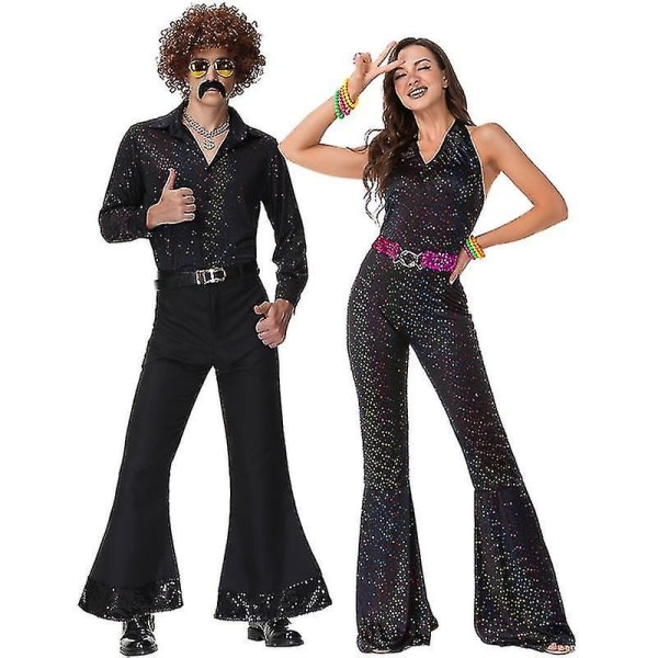 Halloween-asu Aikuisten vintage 70-luvun diskopaljetti pariskunta pukubaari yökerhon esiintymisasu 165cm