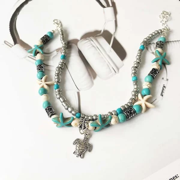 2 stk Boho Skjell/Sjøstjerne/Skilpadde/Vevde Anklets Armbånd
