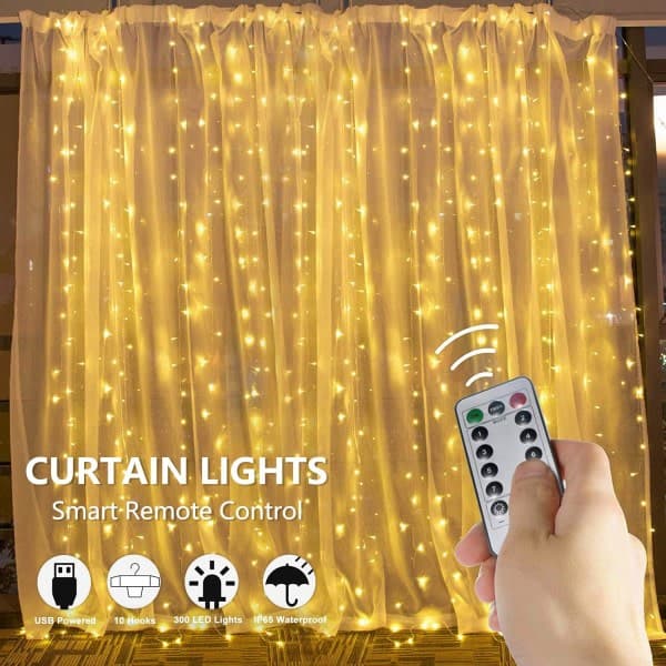 Gardinlys, 300 LED USB-drevne lysslynger, 8 lysmoduser（PA）