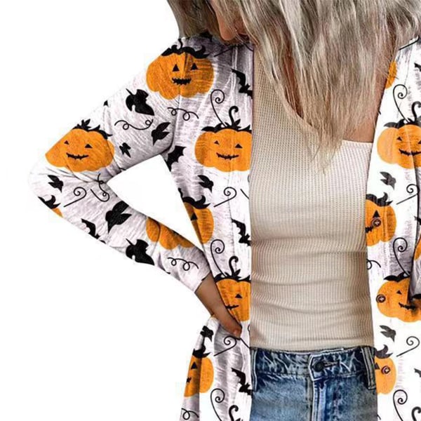 Åben frontklud til kvinder Halloween letvægts blød langærmet front med åben sweater top Casual outwear frakke til efteråret Halloween fest Hvid M