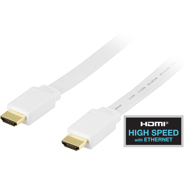 Flat HDMI-kabel, HDMI High Speed m/ Ethernet, 4K, 2 m, hvit