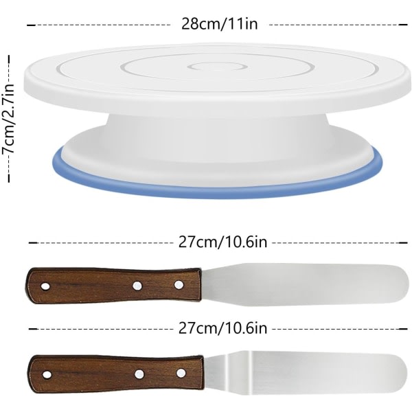 Roterende kakefat, kakeholder, dreieskive, plate for å dekorere kaker med 2 stk vinklede sett, for baking av bakverk, mønster 28x7 cm hvit