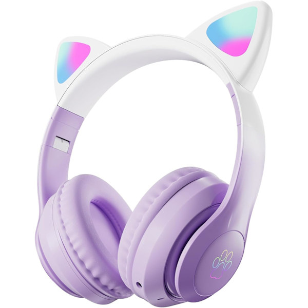 Lila-Kids-hovedtelefoner, Bluetooth trådløse hovedtelefoner til børn, teenagere og voksne, Over-Ear Bluetooth-hovedtelefoner med mikrofon, Katteøre-hovedtelefoner til piger