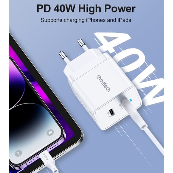 Choetech Dobbel Type-C Vegglader, 40W PD, hvit—pa