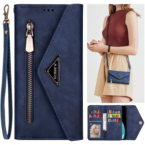 Kompatibelt fodral för Samsung Galaxy S9 Plus - Avtagbar crossbody-rem, snodd, dragkedja, axelrem med 6 korthållare, premium PU-läder, blå