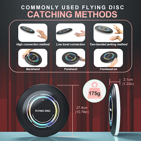 Laddningsbar LED-frisbee - 16 miljoner färger RGB - Smarta lägen - Automatisk tändning - Rolig present till jul, födelsedag och camping Tricolor