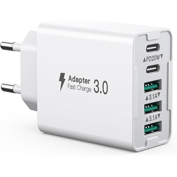 50W USB C Lader - 3 USB C + 2 QC Porter, PD Hurtiglading for iPhone 12 & Senere, Samsung Galaxy - Vegglader med Type C Uttak