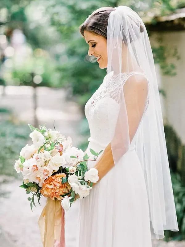 Single Layer Bridal Wedding White Fingertip Wedding Veil with Comb and Cut Edge (White)