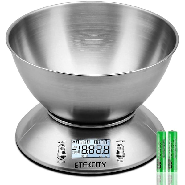 Electronic Digital Kitchen Scale with Stainless Steel Mixing Bowl, Timer and Temperature Sensor.
