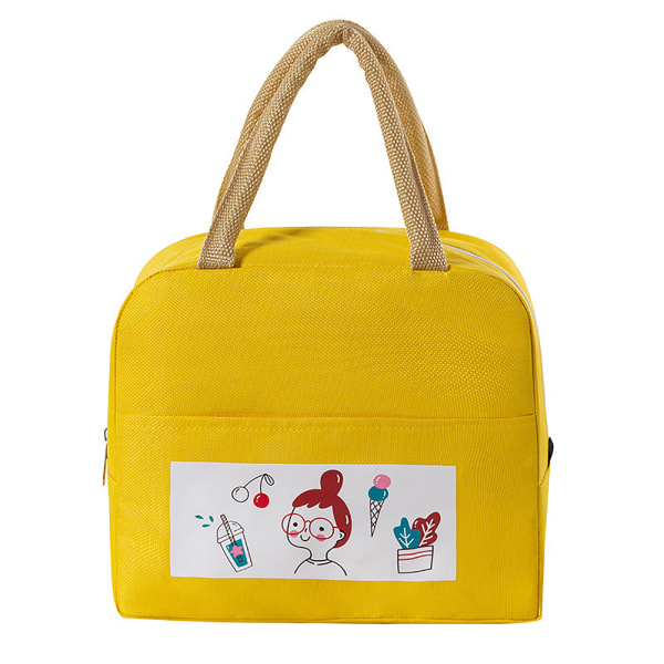 Lounaskassi Söpö sarjakuva vedenpitävä eristetty suuri kapasiteetti Bento-laukku koulutoimistoon matkapiknikille lapsille opiskelijoille pieni tyttö keltainen