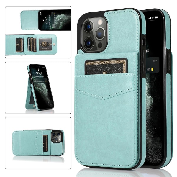 Läderbelagd Tpu Kickstand-deksel for Iphone 12 Pro Max, Kortholder Mobiltelefondeksel Mint Green