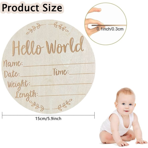 5,9 tommer rundt babykunngjøring fotorekvisitt Basswood-skilt Hello World Babyskilt for Nursery L1