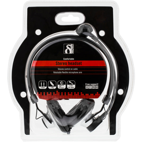 Headset, lydstyrkekontrol på kablet, 2 x 3,5 mm, 2 m kabel