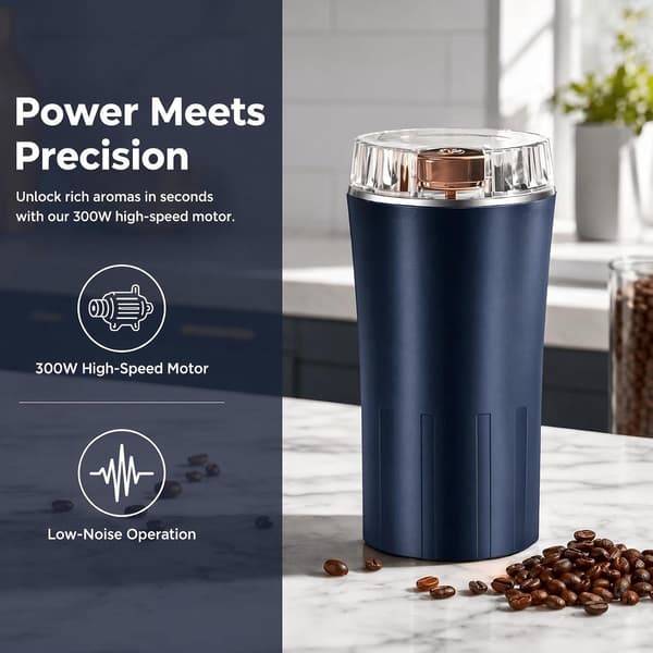 Elektrisk kaffekværn 300W med skål i rustfrit stål, One-Touch krydderikværn til bønner, krydderier, hørfrø og nødder, blå