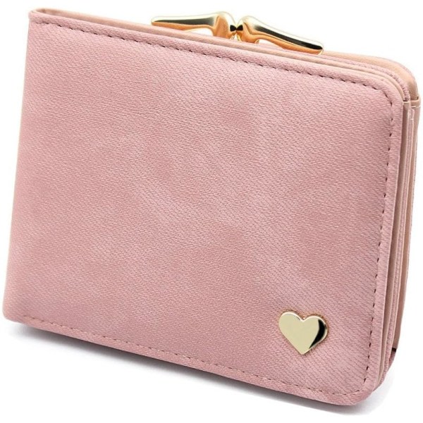 Kort plånbok för damer med liten hjärtdekoration Pink