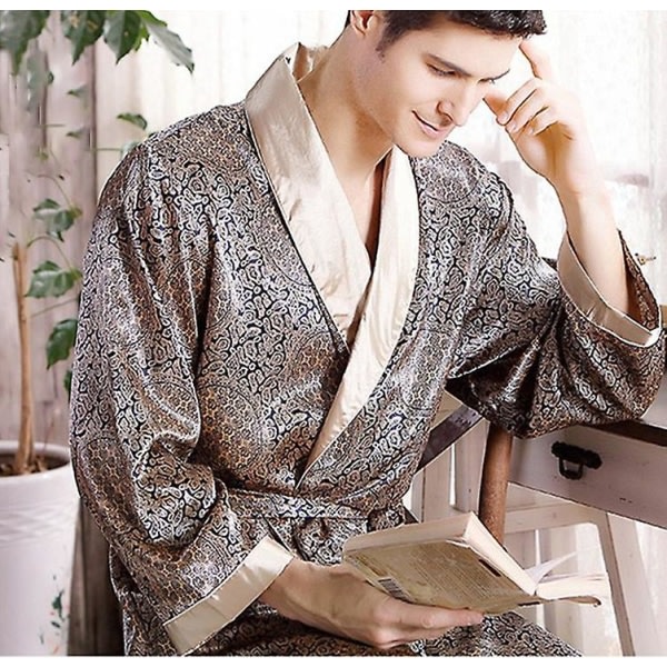 Herrrock Nattlinne Satin Kimono Casual Klänning Fritidskläder Plus Size Print Guld Hemmdressing 3xl 4xl 5xl E Sliver 2B L