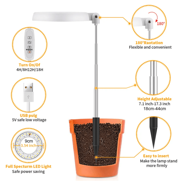 LED-vekstlampe med fullspektrum, 3 lysmoduser, vekstlys, dyrkingslampe med timer for innendørs planter, grønnsaker, blomster