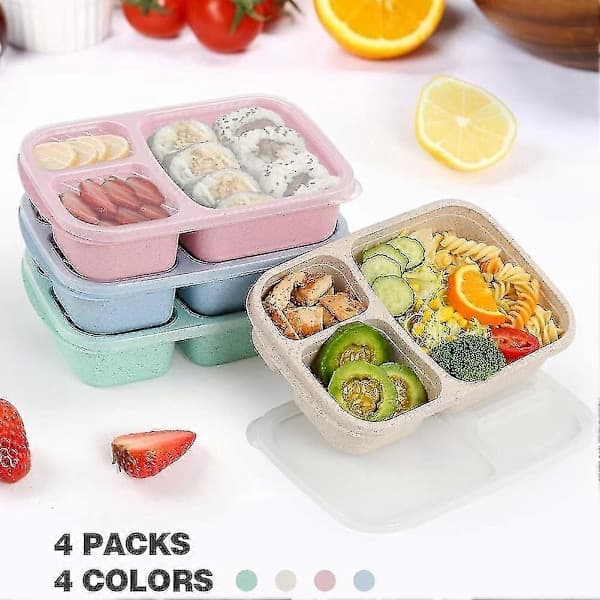 4-pakning Bento Matboks, 3-roms Matbokser, Matboks for Barn, Gjenbrukbar Matlagring Hy