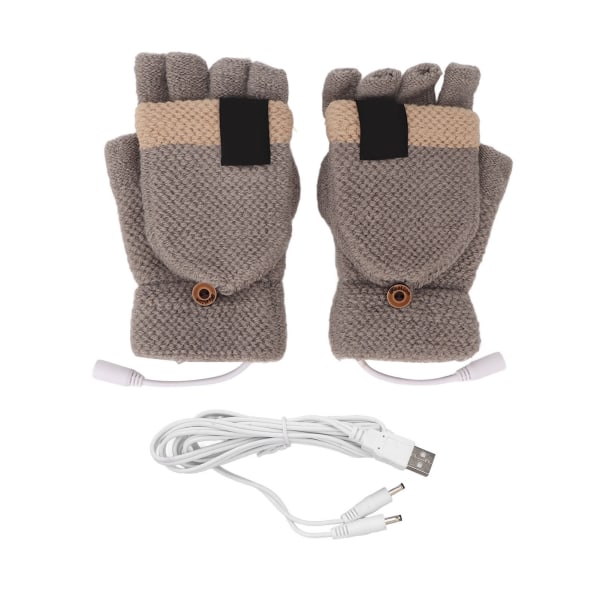 USB uppvärmda handskar hel- och halvfingrar Tvättbar stickning Elvärmehandskar för utomhus ljusgrå