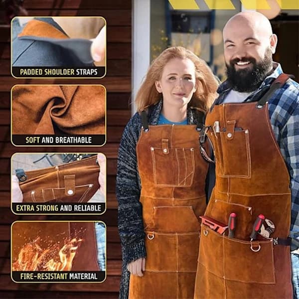 Professional Leather Welding Apron for Men with 6 Pockets, Flame-Resistant and Durable