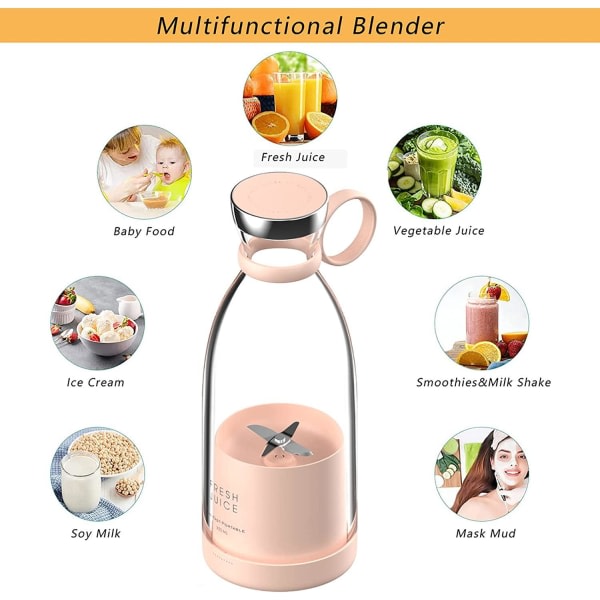 Bärbar Power Blender - Batteridriven Smoothie Mixer USB 350ml Rosa