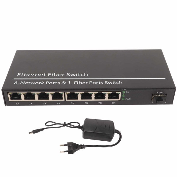 Fiber Ethernet Media Converter 1 Optisk Port 8 Elektrisk Port 10 100 1000M Gigabit SFP Ethernet Fiber Switch 100?240V EU Plugg
