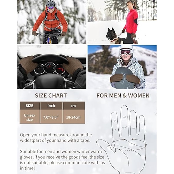 Termiske Handsker til Vinter - Fleeceforet Touchscreen Strikket Termisk i Stretch til Løb Ski Cykling Cykling Vandreture Camping - Herre Dame Khaki
