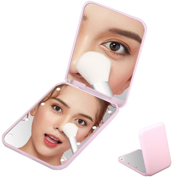 Lomme Spejl med LED-lys, Oplyst Rejse Spejl til Håndtaske, Clutch, Lomme, Håndholdt 2-sidet Makeup Spejl. (Rosa)