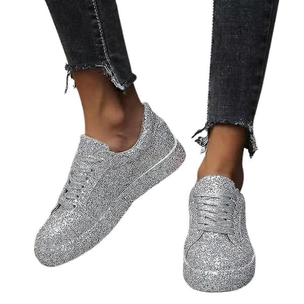 Damesko med snøring, glitrende sneakers, avslappede joggesko, flate sko, sølv, størrelse 40