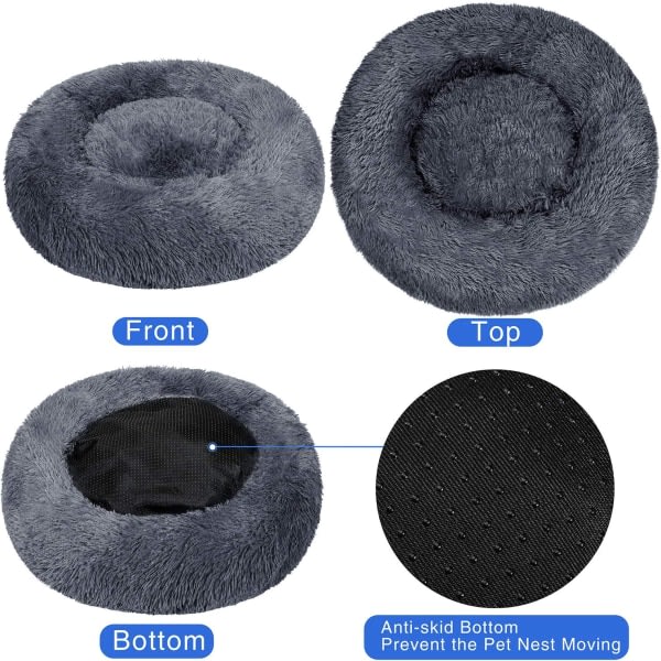 Rund hundbädd Kattkudde Donutbädd, Hundbädd Kattsäng Extra mjuk Bekväm och söt, Kudde för medelstora katter och små hundar, 50 cm, mörkgrå