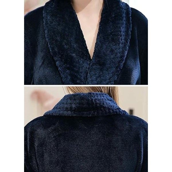 Dame Lang Morgenkåpe Dame Mikrofiber Vinter Varm Fluffy Morgenkåpe Bastukåpe Soveklær Julegave - Marineblå XL