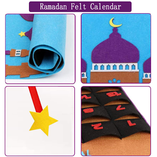 Ramadan-kalender til børn - Ramadan-kalender 2024 med Eid Mubarak-nedtælling - Filtdesign - Perfekt til Ramadan-dekoration Blue