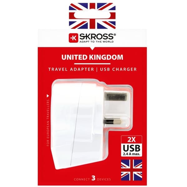 Rejseadapter Europa til UK m.fl. 2xUSB-A 12W Jordet—pa