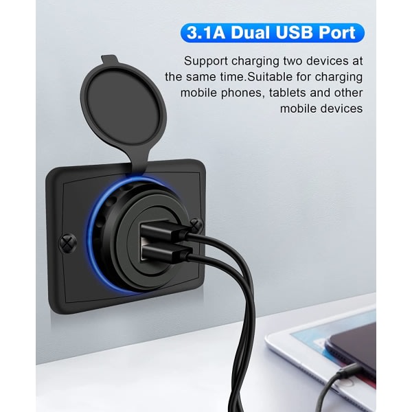 12V Dubbel USB uttag Ytmonterad USB port 3.1A