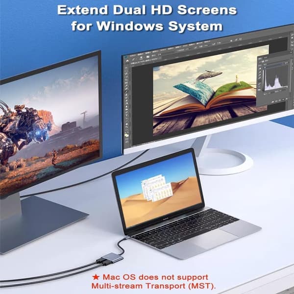 USB-C til HDMI dobbel skjermadapter, 4K 60Hz, Plug and Play aluminiumskabinett for HP, Dell, Surface, Lenovo, ThinkPad bærbare datamaskiner