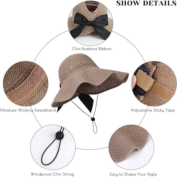 Stråhat til damer, strandsolhat, foldbar, stor (Khaki)