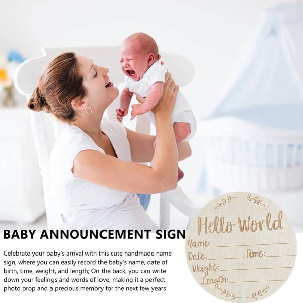 5,9 tommer rundt babymeddelelse fotorekvisit Basswood-skilt Hello World Babyskilt til børnehave L1