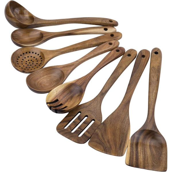 Keittiövälineet 8-osainen Teak-puinen Lusikkasetti Tarttumaton Pannu Puulusikat ja Spatula Keittiövälineet Kotikäyttöön & Keittiötyökalut