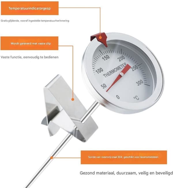 Kjøkkentermometer, mekanisk sonde i rustfritt stål, 0–300°C, ingen batterier, for matlaging, baking, grilling, BBQ og steking, 30 cm