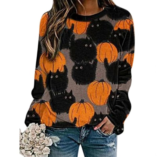Halloween Pumpkin Cat Print Långärmad tröja Pullover 2XL Oranssi