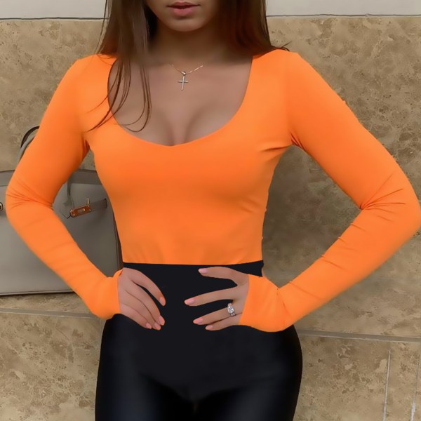 Kvinner Langermet Bodysuit Fasjonabel Sjarmerende Slim Fitting Body Leotard for Dancing M Orange