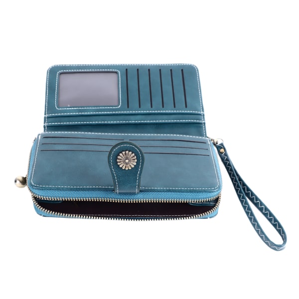 Kvinnor PU-läder Kreditkortshållare Plånbok med stor kapacitet Dragkedja Trifold-plånbok med rem Peacock Blue